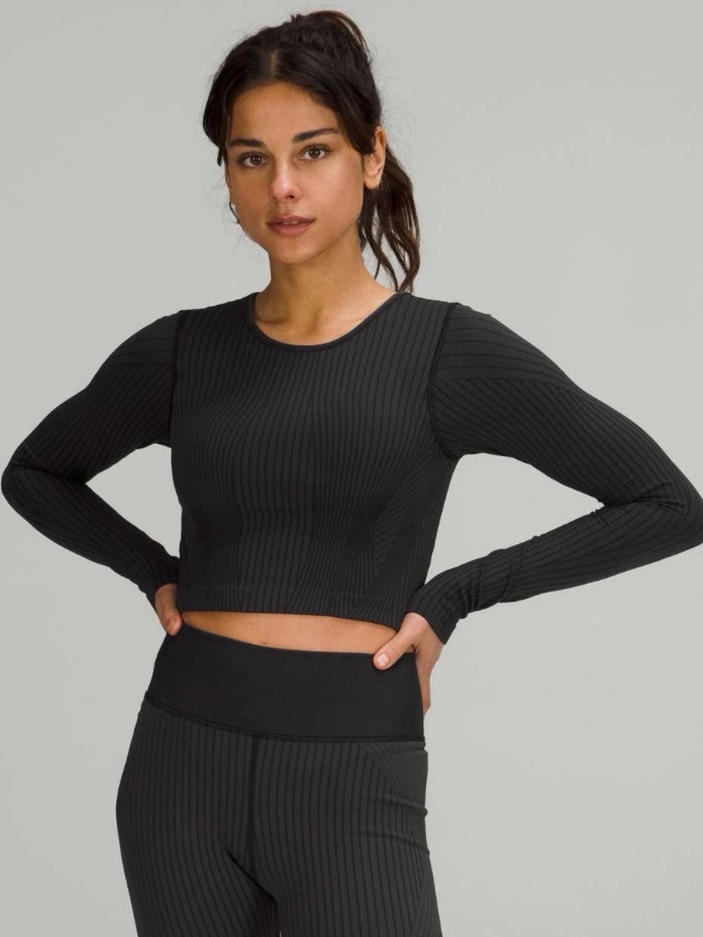Lululemon Ebb to Street Black Ribbed Long-Sleeve Crop Top with Built in Bra